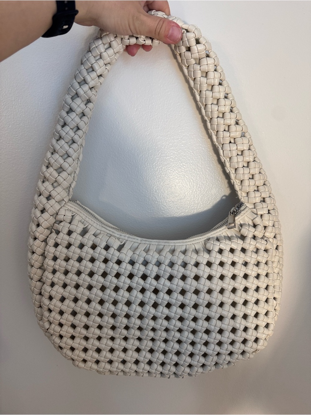 Braided Crescent Shoulder Bag in White/Cream